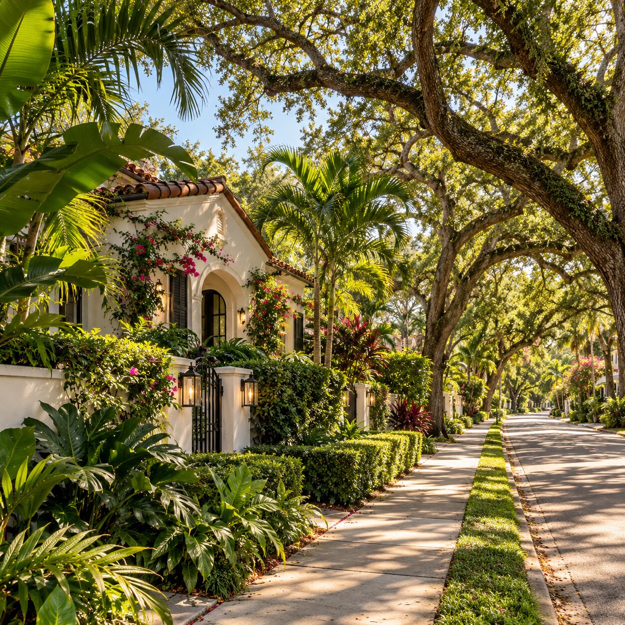 Walkable, tree-lined street near the water in Coconut Grove, Miami