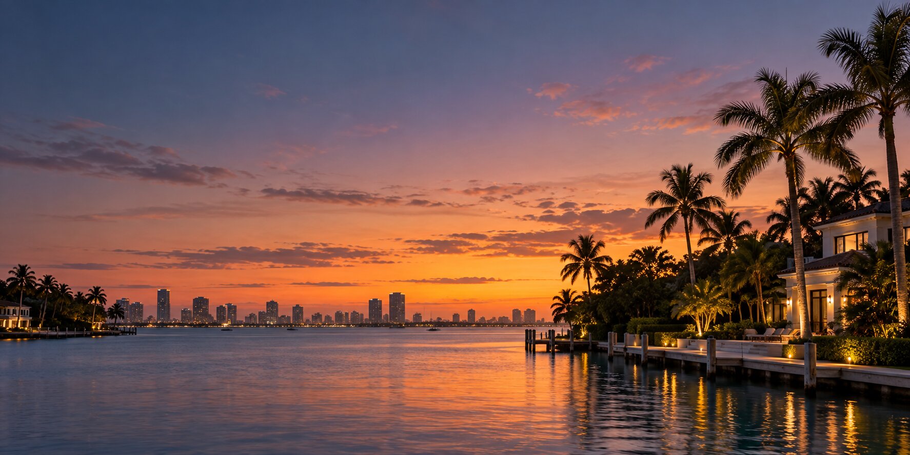 Miami residential neighborhood at golden hour